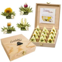 Creano Teelini Teeblumen Geschenkset In Teekiste Aus Holz, 12 ErblühTeelini In 4 Sorten, Weißer Tee