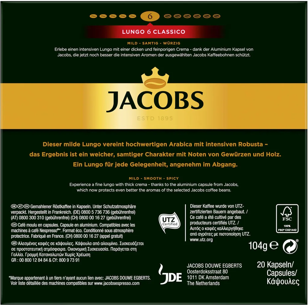 JACOBS Kapseln Nespresso®* Kompatibel Je 20 Kapseln Lungo 6 Classico + Decaffeinato 6 Lungo + Lungo 8 Intenso + Espresso 12 Ristretto - Insgesamt 160 Getränke 7 JACOBS Kapseln Nespresso®* Kompatibel Je 20 Kapseln Lungo 6 Classico + Decaffeinato 6 Lungo + Lungo 8 Intenso + Espresso 12 Ristretto - Insgesamt 160 Getränke – Bild 5