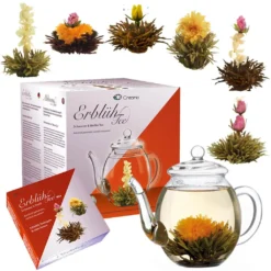 Creano Teeblumen Mix - Geschenkset ErblühTee Mit Glaskanne 500ml Weißtee & Schwarztee Mit 6 Teekugeln Je 3x Weißer & Schwarzer Tee, Geschenk Für Frauen, Mutter, Teeliebhaber