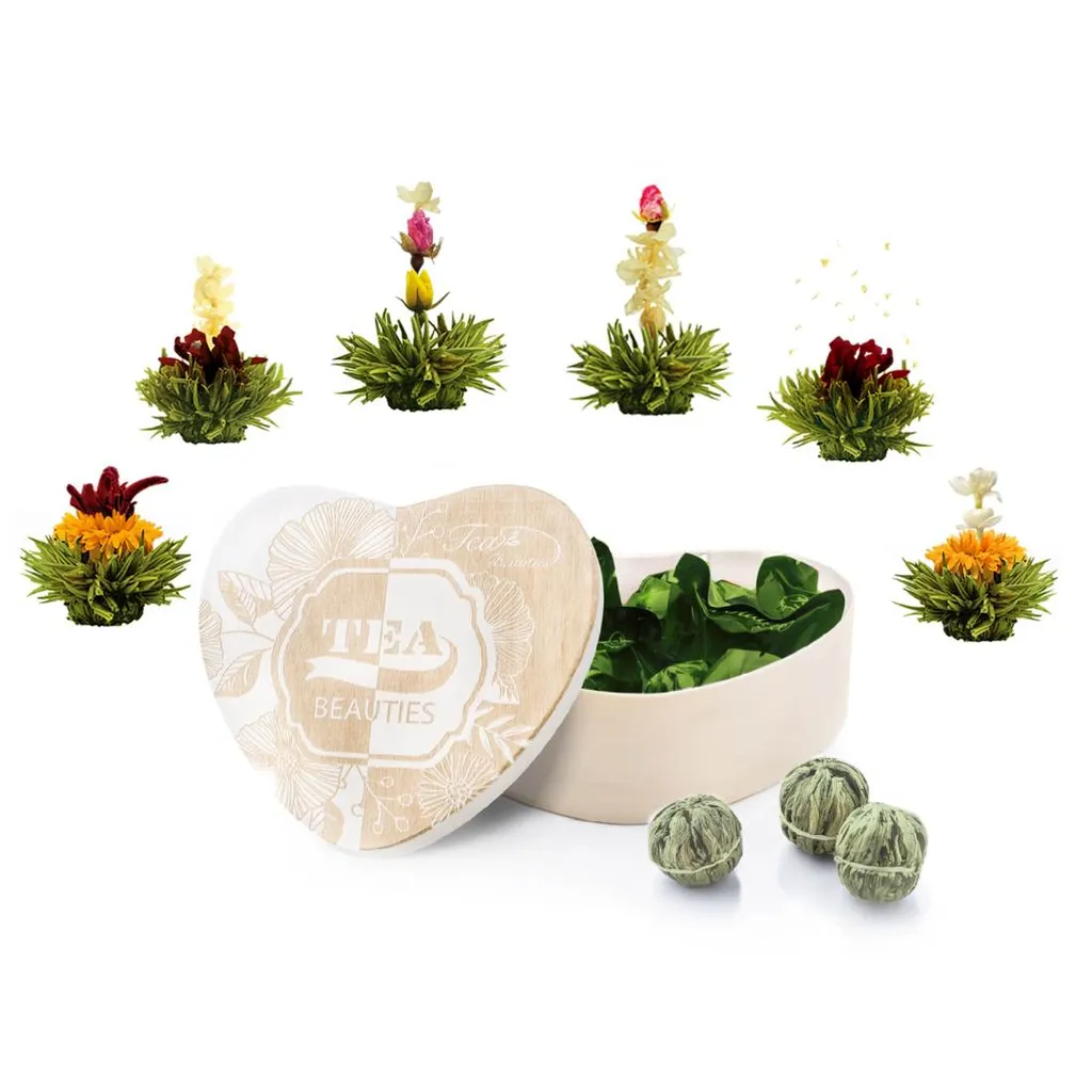 6er ErblühTee In Herz-Holzschachtel „Grüner Tee“ 3 6er ErblühTee In Herz-Holzschachtel „Grüner Tee“