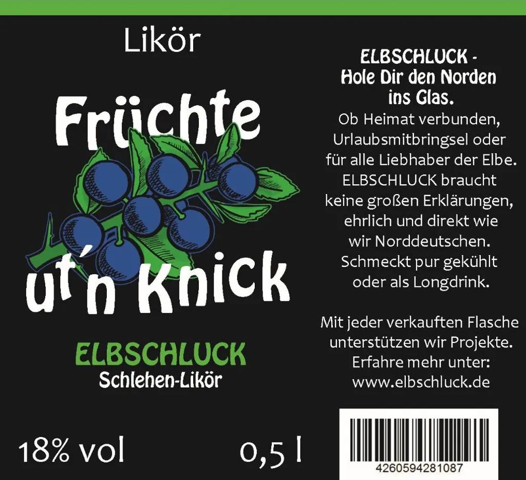 ELBSCHLUCK - UT'N KNICK - Schlehe Likör 18Vol% 0,5L 5 ELBSCHLUCK - UT'N KNICK - Schlehe Likör 18Vol% 0,5L – Bild 3