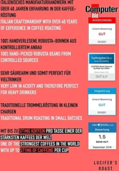LUCIFER'S ROAST 4x1kg Espresso By KIQO Aus Italien - Starke Kaffeebohnen Für Kaffeevollautomaten Und Siebträger - Säurearm - 100% Robusta (ganze Bohnen, 4x1kg) -Drink World Store 3ed059e3d41ec896fbad0e2ae121586b