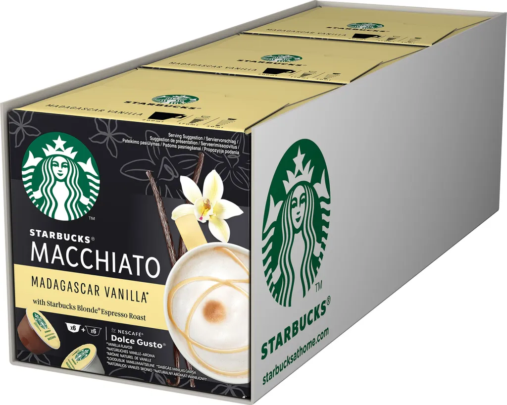 Nescafé® Nescafé Dolce Gusto Starbucks Vanilla Latte Macchiato 3er Set, Milchkaffee, Kaffeekapsel, Röstkaffee, 3x6 Portionen 3 Nescafé® Nescafé Dolce Gusto Starbucks Vanilla Latte Macchiato 3er Set, Milchkaffee, Kaffeekapsel, Röstkaffee, 3x6 Portionen