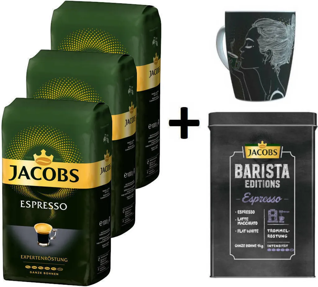 JACOBS Kaffeebohnen Expertenröstung Espresso 3 Kg Ganze Espressobohnen + 1 Jacobs Barista Becher + 1 Dose 3 JACOBS Kaffeebohnen Expertenröstung Espresso 3 Kg Ganze Espressobohnen + 1 Jacobs Barista Becher + 1 Dose