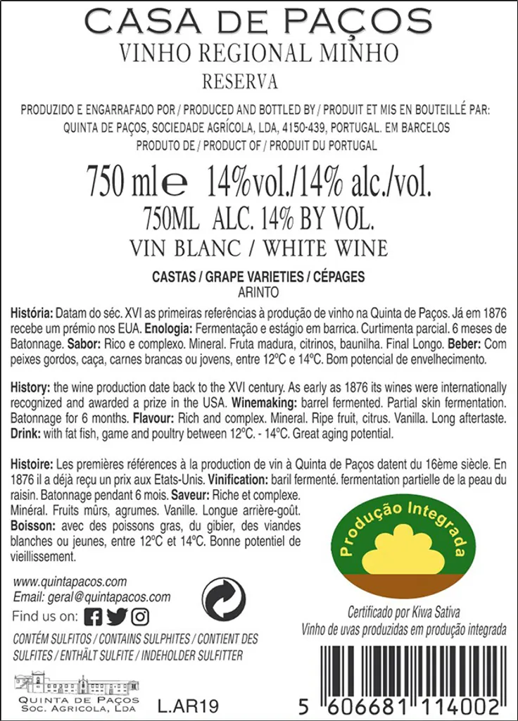 Pack 6 Casa De Paços Arinto Reserva Weißwein 0,75L 5 Pack 6 Casa De Paços Arinto Reserva Weißwein 0,75L – Bild 3