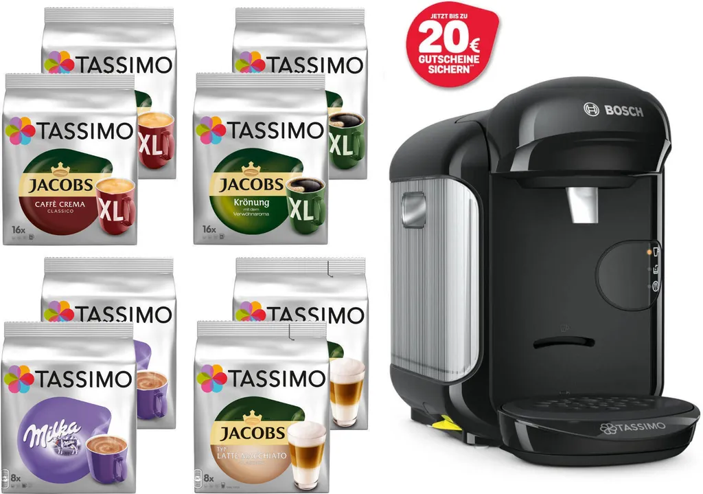 TASSIMO Kapseln Aktions-Paket 8 Packungen (4 Sorten) + Vivy 2 Schwarz Gratis 3 TASSIMO Kapseln Aktions-Paket 8 Packungen (4 Sorten) + Vivy 2 Schwarz Gratis