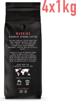 LUCIFER'S ROAST 4x1kg Espresso By KIQO Aus Italien - Starke Kaffeebohnen Für Kaffeevollautomaten Und Siebträger - Säurearm - 100% Robusta (ganze Bohnen, 4x1kg) -Drink World Store 932afb603d4619e528754bd6204c6ea2