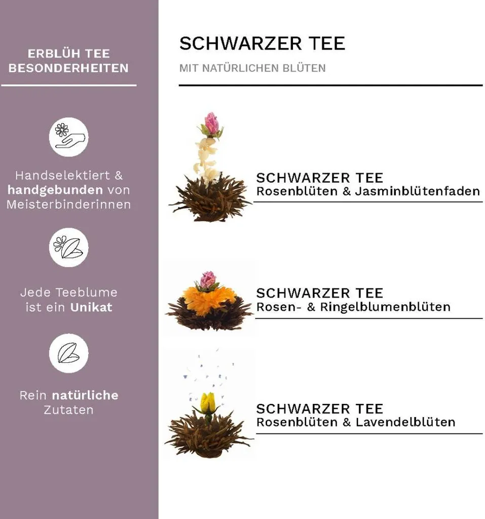 Creano 6 Teeblumen Erblühtee In Edler Geschenkbox Zum Probieren - Schwarztee (3 Verschiedene Sorten Teerosen) 5 Creano 6 Teeblumen Erblühtee In Edler Geschenkbox Zum Probieren - Schwarztee (3 Verschiedene Sorten Teerosen) – Bild 3