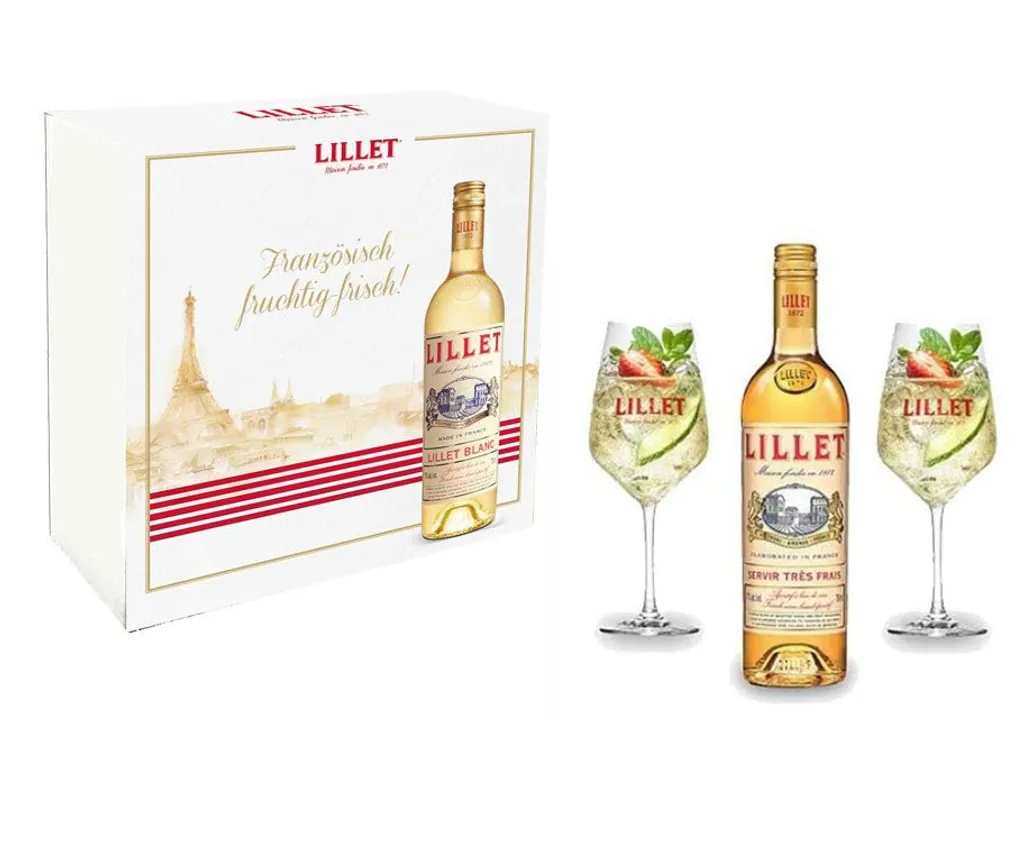 Lillet Geschenkset - Lillet Blanc Aperitiv De France 750ml (17% Vol) + 2 Lillet Gläser 3 Lillet Geschenkset - Lillet Blanc Aperitiv De France 750ml (17% Vol) + 2 Lillet Gläser