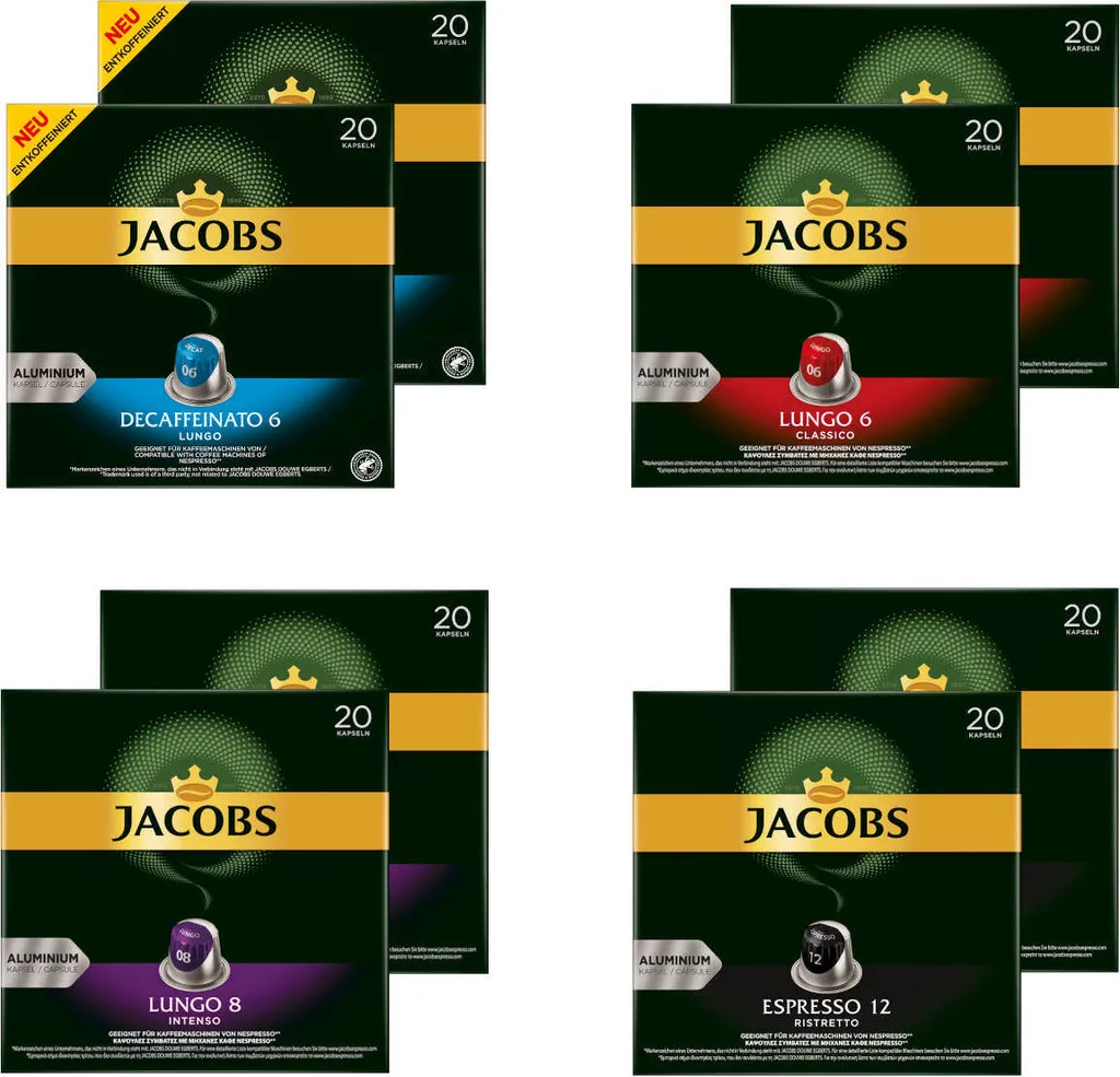 JACOBS Kapseln Nespresso®* Kompatibel Je 20 Kapseln Lungo 6 Classico + Decaffeinato 6 Lungo + Lungo 8 Intenso + Espresso 12 Ristretto - Insgesamt 160 Getränke 3 JACOBS Kapseln Nespresso®* Kompatibel Je 20 Kapseln Lungo 6 Classico + Decaffeinato 6 Lungo + Lungo 8 Intenso + Espresso 12 Ristretto - Insgesamt 160 Getränke