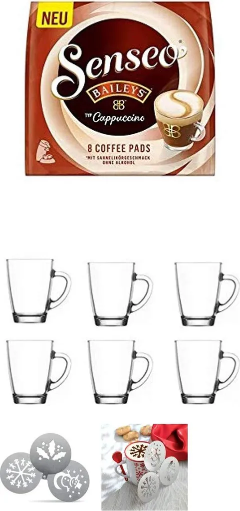Senseo Pads Typ Cappuccino Baileys, 1er Pack + 6 X Henkelbecher 300ml, Edelstahlschablonen Weihnachten 3 Senseo Pads Typ Cappuccino Baileys, 1er Pack + 6 X Henkelbecher 300ml, Edelstahlschablonen Weihnachten